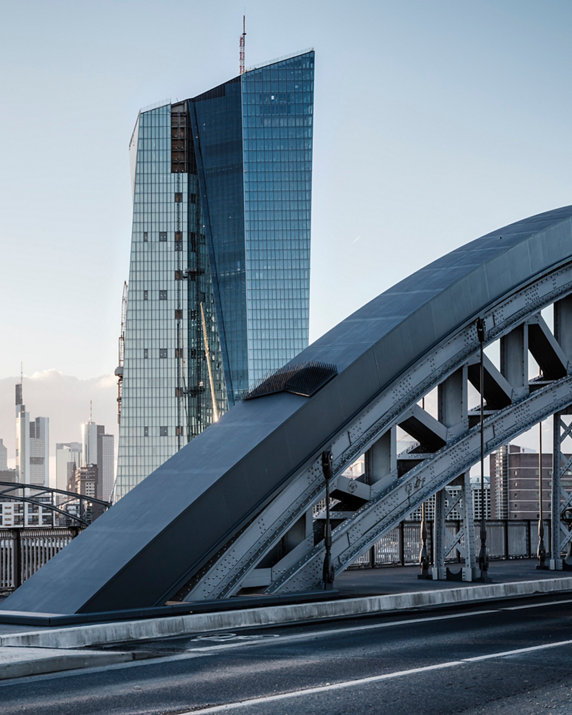 The new European Central Bank (ECB) Building in the East end of Frankfurt in front of the skyline, Germany. Toned picture. January 2014.