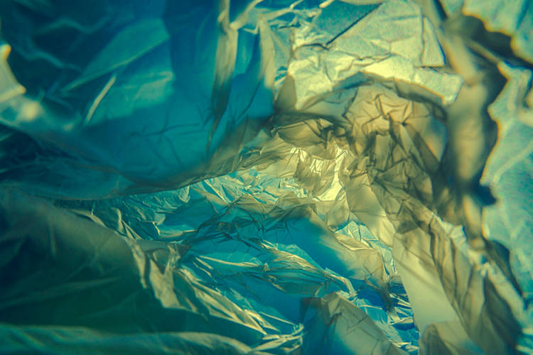 Inside a colored plastic bag